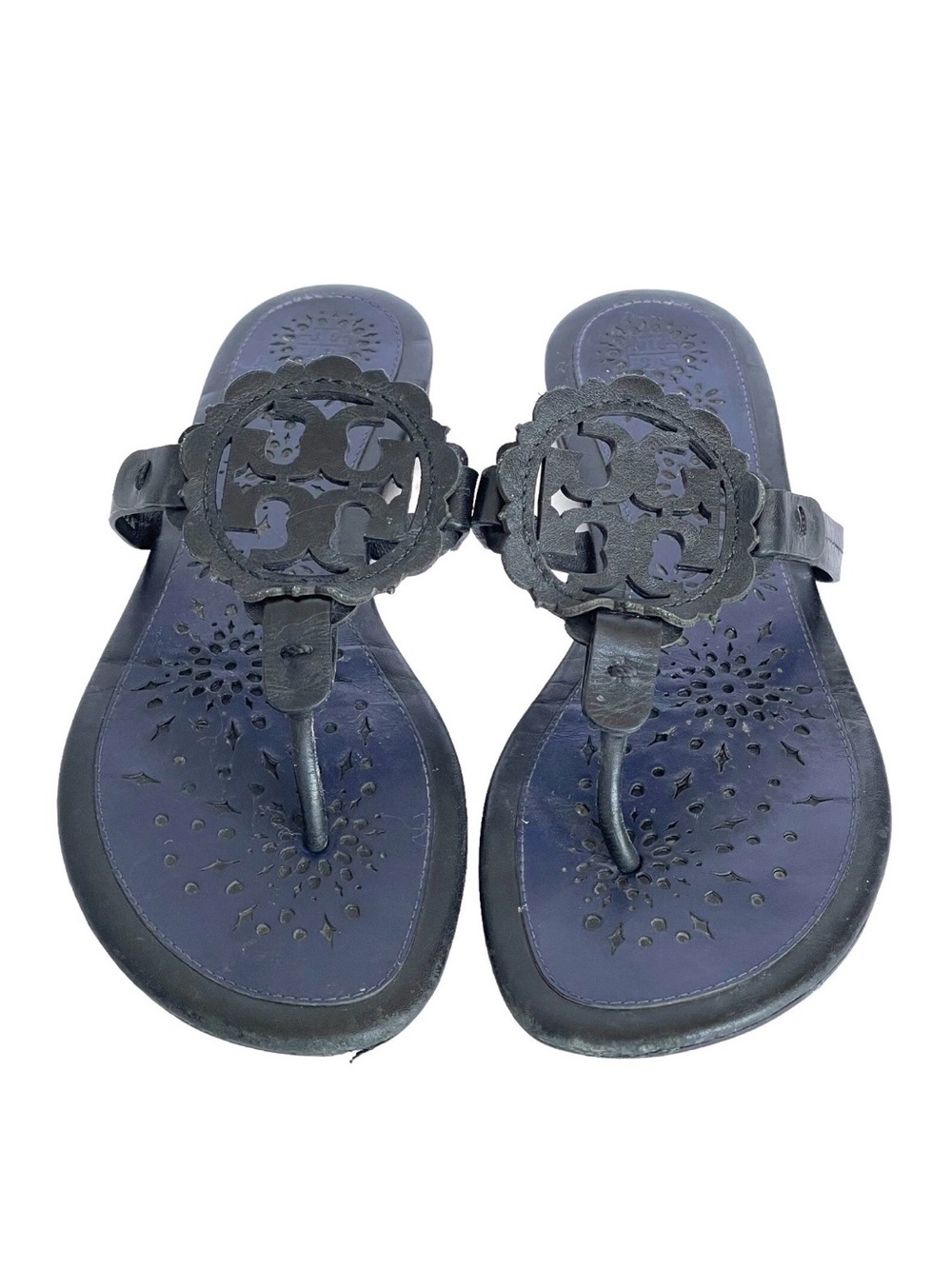 Women's Black Leather Toe-Post Sandals